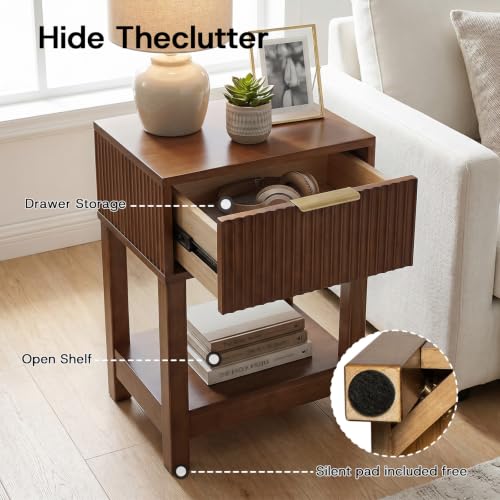 Image of Solid Wood Nightstand with Drawer, Mid-Century Real Wooden Bedside Table with Storage,Modern Fluted End Table for Bedroom Sofa Couch Office,15.75 inch L x 11.81 inch W x 23.62 inch H Walnut.
