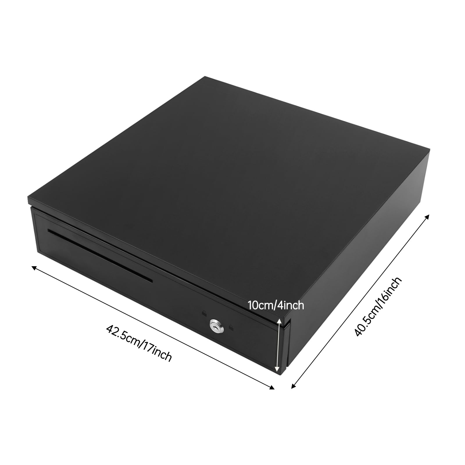 Cajón de efectivo de 42,5 x 40,5 x 10 cm, 3 modos de bloqueo, cajón registrador con 5 ranuras para facturas y 8 compartimentos para monedas