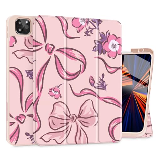 Coque M4 iPad Pro 11 2024 rose fleurs-nœuds pour travailler au café avec porte-stylet