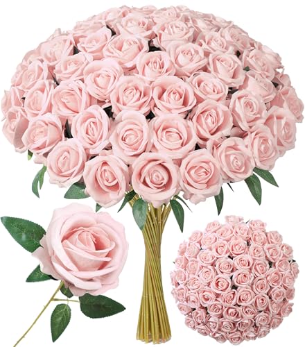 Image of 50 PCS Blush Roses Artificial Flowers, Real Looking Fake Roses with Long Stems Silk Flowers for DIY Wedding Bouquet Party Celebration Home Bridal Shower Decoration Valentine's Day Gift for Her Wife