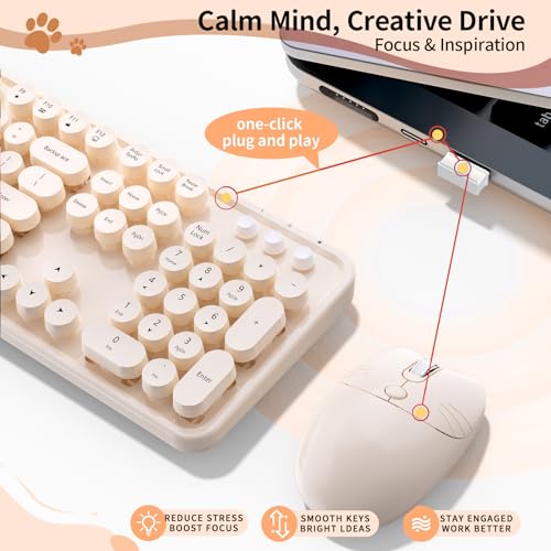Image of Wireless Keyboard Mouse, MOFII 104 Keys Cute Retro Typewriter Coffee