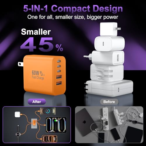 Image of USB C Fast Wall Charger Block, 3Pack 60W USBC Charging Cubes, 5-Port PD+QC Power Adapter Multiport Brick Type C Box Plug for Phone 17 /16 /15 /14 /13 /12 /11 /Pro Max /Plus, Pad Mini /Pro /S25 /S24-Orange