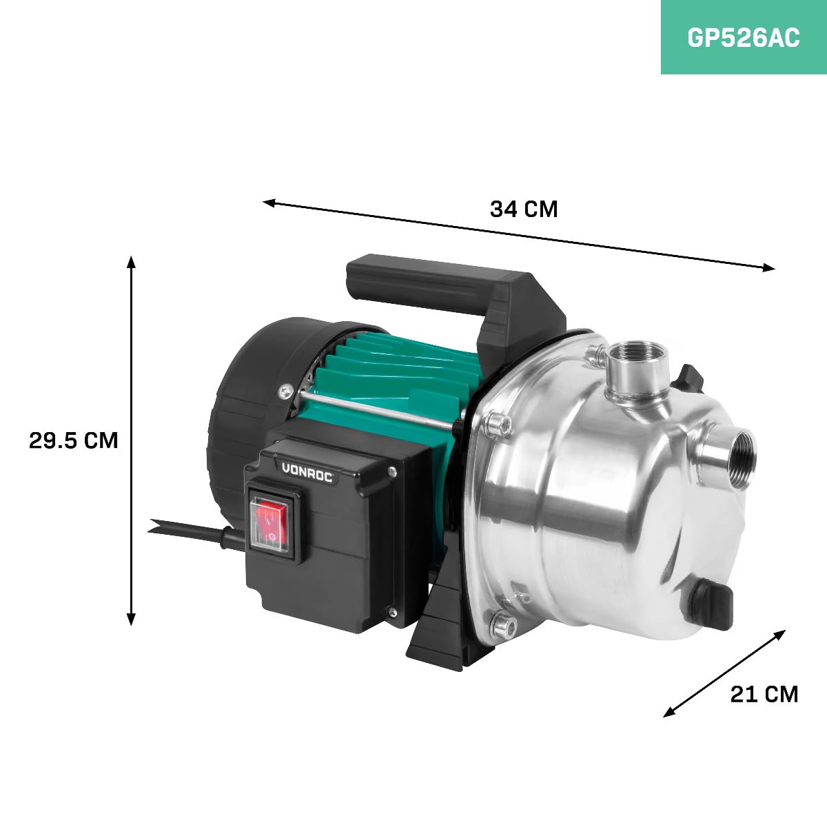 VONROC Pompa ogrodowa 1000W 3500 l/h, samozasysająca, 4.4 bar, wysokość 44 m, stal nierdzewna, do nawadniania studni stawu ogrodu