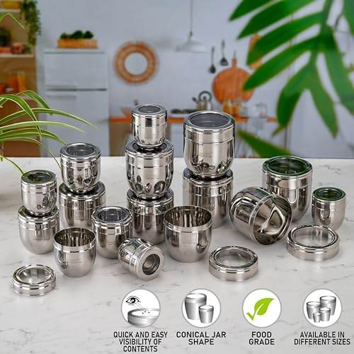 Image of Sumeet Stainless Steel Conical Shape Canisters /Dabba /Storage Containers for Kitchen with See Through Lid, Set of 16 Pcs, (150ml-6cm Dia-4Pc, 250ml-7cm Dia-4Pc, 400ml-8.5cm 4Pc, 500ml-9cm 4Pc)- Silver