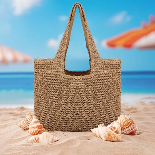 Image of Naimo Women Straw Beach Shoulder Bag Woven Tote Handbag Large Handmade Weaving Summer Casual Hobo Bag