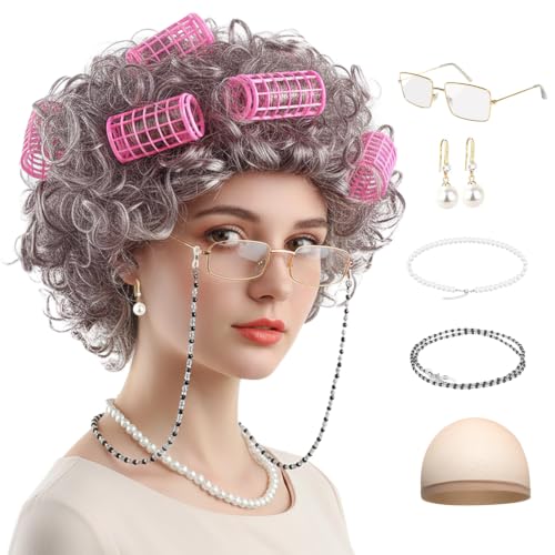 RSOEUG Old Lady Wig Costume for Women 5 PCS Kids 100 Days of School Grandma Wig Costume Halloween Girls Adults Cosplay Accessories Set (Brown Curly)