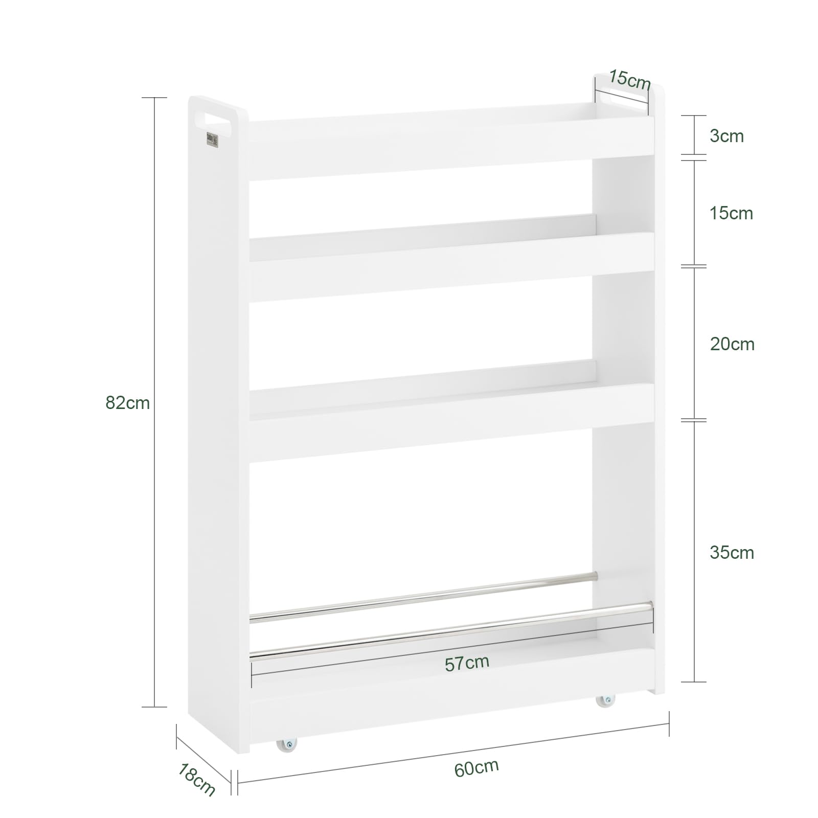 SoBuy Carrello Slim per Cucina e Bagno con 4 Ruote Scaffale Salvaspazio a 4 Ripiani con Aste Antiscivolo Unità di Stoccaggio per Cucina, Bagno, Forniture per Bellezza o Artigianato 60x18x82cm NSR01-W
