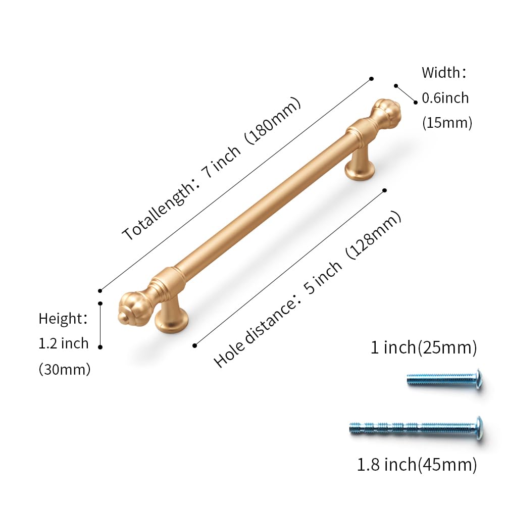 Paquete de 10 manijas de gabinete de 5 pulgadas (128 mm), tiradores de cajón de alambre de cobre dorado cepillado, tiradores de gabinete de cocina, accesorios de gabinete para dormitorio, baño,