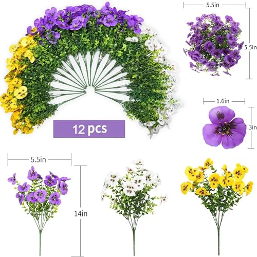 Artificial Pansies Flowers for Outdoor, 12 Bundles UV Resistant Fake Flowers, No Fade Realistic Silk Pansy for Porch Planter Garden Patio Yard Spring Decorations (Purple,White,Yell image 8