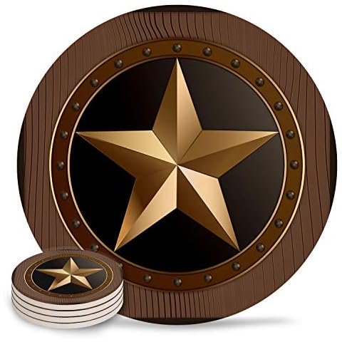 Chic D Absorbent Drink Coasters Western Texas Star Rustic Wood, Funny Stone Ceramic Coasters Set with Cork Back Base Backing for Kinds of Mugs and Cups, Set of 4-Piece, Western Texas Star Rustic Wood Cover