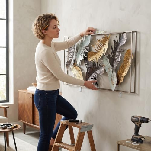 Image of Large 3D Metal Wall Art for Living Room - Framed Feather Wall Showpiece - Modern Sofa Back Wall Decoration Items & Aesthetic Bedroom Wall Hanging Decor - Big Size Home Interior Frame (Gold & Black)