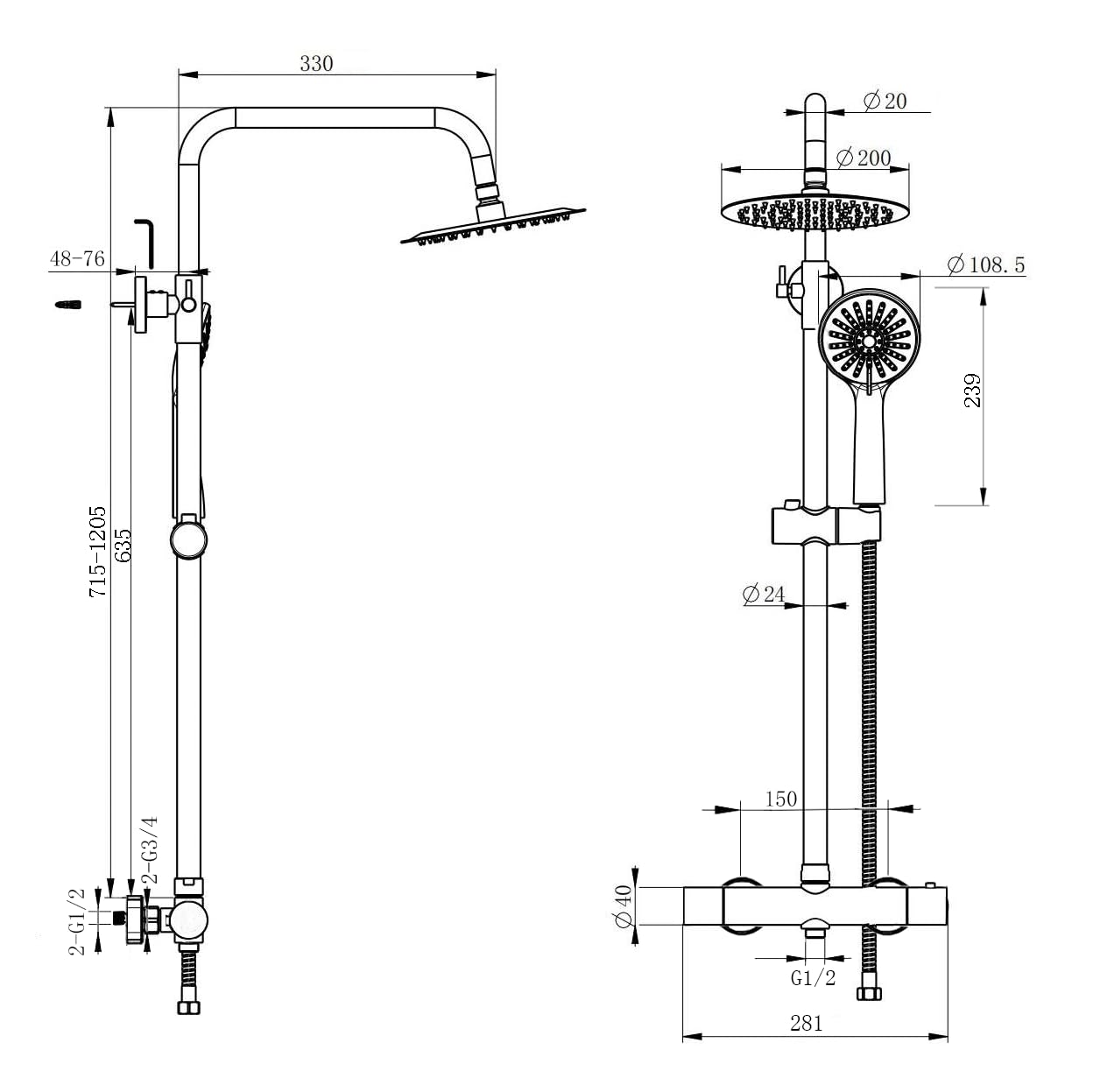 AICA Ensemble de Colonne de Douche Thermostatique pour Salle de Bain, Robinet de Douche Thermostatique en laiton, 3 Modes de Pulvérisation, Chromé, Hauteur Réglable 715 mm-1205 mm (argent)