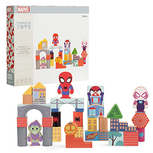 Image of Just Play Disney Marvel Wooden Toys Spidey and His Amazing Friends 30-piece Building Blocks Set, Officially Licensed Kids Toys for Ages 18 Month
