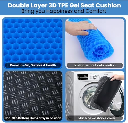 Image of Large Gel Cushion, Double Layer Thickened Orthopedic Seat Cushion with Non-Slip Fabric Cover, Breathable Chair Cushion, Suitable for Office Chairs, Wheelchairs and Car Seats (Azure Blue, 47*44*3.5)