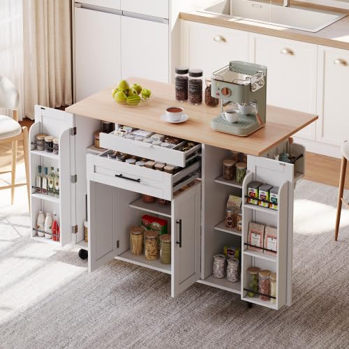 Merax Kitchen Island on Wheels | Foldable Worktop, Adjustable Shelves, Rolling Trolley with 2 Drawers, Storage Cabinets, Spice Rack & Towel Holder | Perfect for Dining Room & Kitchen