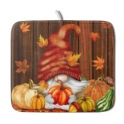 Fall Gnome Dish Drying Mat for Kitchen Counter,Autumn Pumpkin Maple Leaves Drying Mat 16 x 18 Inch Microfiber Dark Brown Wood Dish Drying Pad Dish Rack Drainer Mat Thanksgiving Day Decor