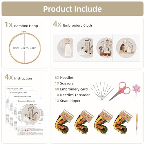 Image of KEKEMEOW 4 Pack Nativity Scene Embroidery Starters Kit for Beginners Embroidery Starting Sets for Adults with Stamped Patterns Colorful Threads Step by Step Instructions Hoop Needles Tools