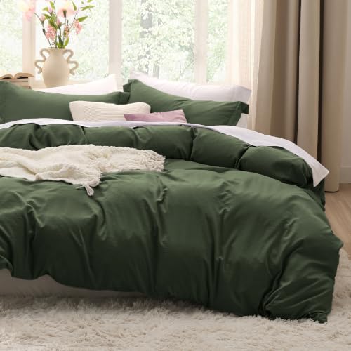 Image of Bedsure Prewashed Duvet Cover Full, Cotton-Like Bedding Set, Olive Green | Ultra Soft, Relaxed Texture, 80 inchx90 inch Breathable Comfort, Hidden Zipper, 8 Corner Ties, Easy Care, OEKO-TEX, Year-Round Use