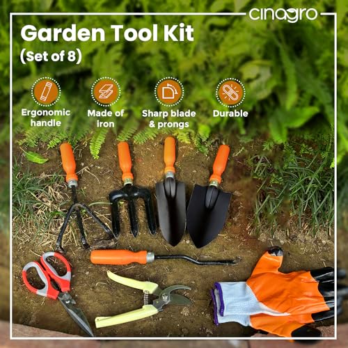 Image of Cinagro Garden Tools Kit (Set of 8) Weeder, 2 Trowels, Hand Fork, Cultivator, Scissors, Pruner, Gardening Hand Gloves | Gardening Tools Kit for Home Garden, Garden Accessories Home Gardening