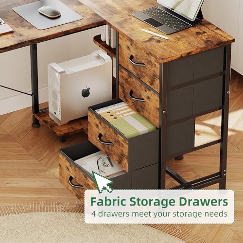 Image of VERMESS 47 inch Reversible L Shaped Gaming Computer Desk, Corner Desk with Power Outlets & Monitor Stand, Writing Study Table with 4 Storage Drawers, Desk with LED Lights, Rustic Brown