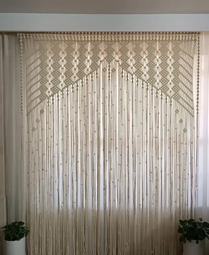 Image of Macrame Window Curtains, 7 Feet Length, Woven Boho Panel Macrame Door Curtain Long Doorway Curtain Macrame Wall Hanging Bedroom Wall Decor Boho Wall Art Size W 40 * 84 L