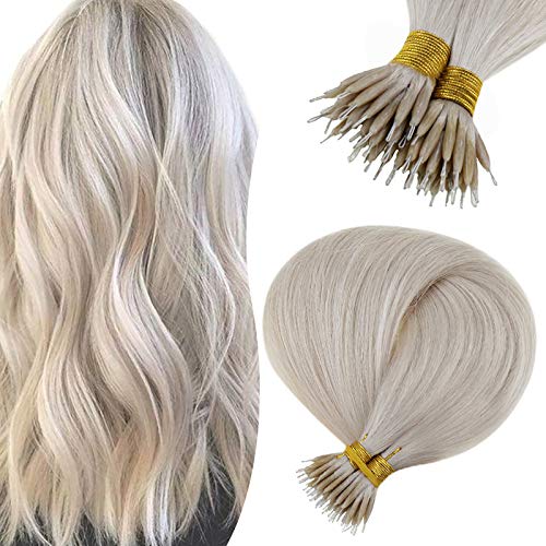 Nano Ring Human Hair Extensions 18 Inches Platinum Blonde Silky Straight Hair Extensions Pre Bonded Nano Tip Hair Extensions 50 Grams 50 Strands