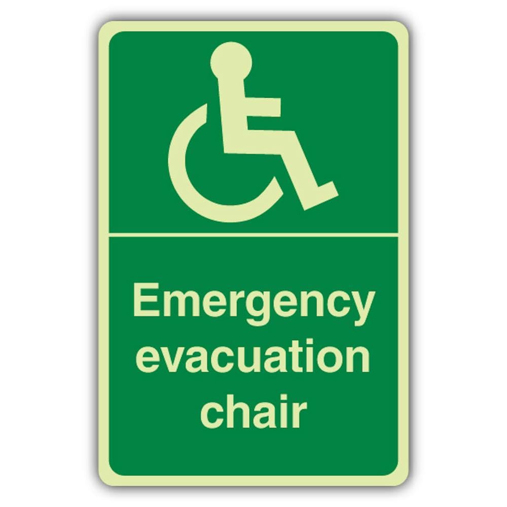 V Safety - Señal de seguridad fotoluminiscente para silla de evacuación de emergencia, color verde, 300 x 450 mm, plástico rígido de 1,2 mm, doble brillo