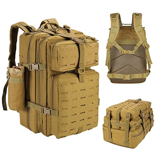 LiveGo Militär Taktische Rucksack 45L, Große Kapazität Armee Assault Pack Wasserdicht Rucksack für Wandern Jagd, Trekking und Camping und Andere Outdoor Aktivitäten -Camoblack (Khaki) Cover