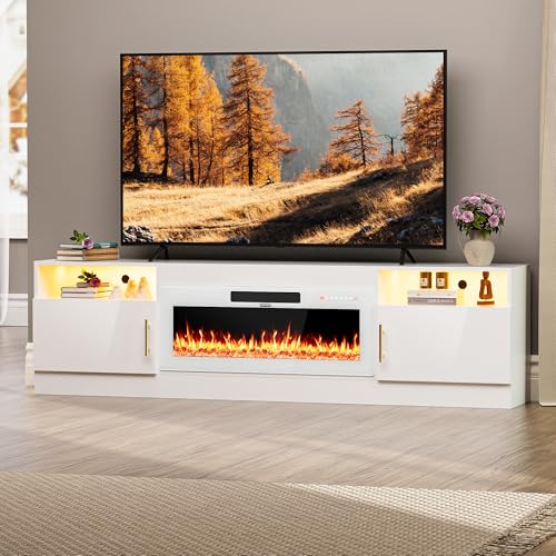 Homgava 80” TV Stand with 36' Electric Fireplace for TVs Up to 90 inch, LED Light Entertainment Center with High Gloss Door, Modern Media Console Cabinet for Living Room, White & White