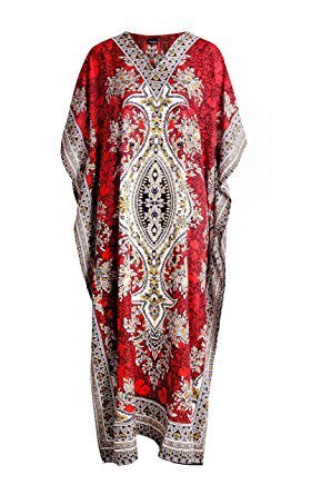 Whitewhale Polyester Western Gown Cover up Ladies Kaftan Nighty Maxi V-Neck Ethnic Print Long Kaftan