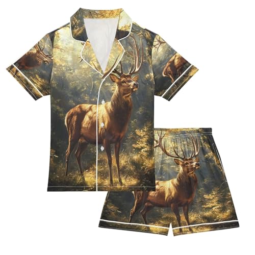 ALAZA Deer Tree Sun Animal Satin Pajamas Set Short Sleeve Button Down Sleepwear Summer Pjs 2 Piece