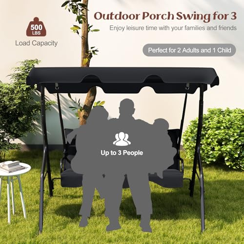 Image of Tangkula 3 Person Porch Swing, Patio Swing with Removable Cushion & Powder-Coated Steel Frame, Outdoor Swing with Canopy for Porch, Backyard, Garden, Balcony (Black)