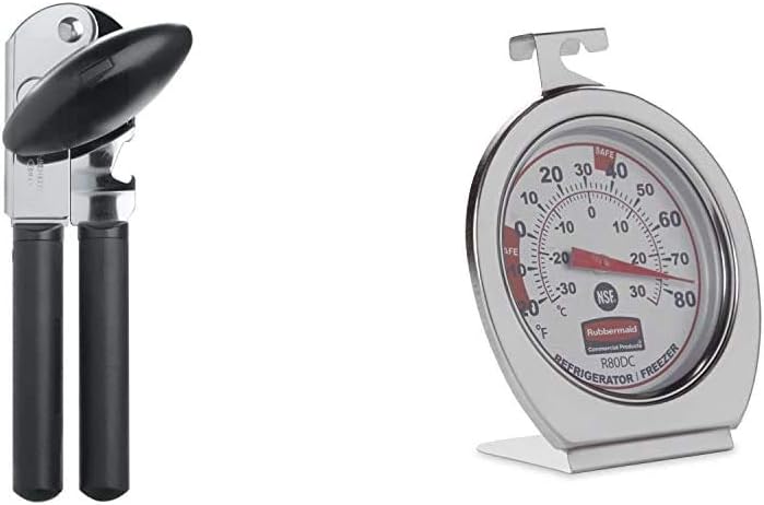 OXO Good Grips Soft-Handled Manual Can Opener & Rubbermaid FGR80DC Refrigerator Freezer Cooler Fridge Thermometer, Classic Large Mechanical Dial, Chrome