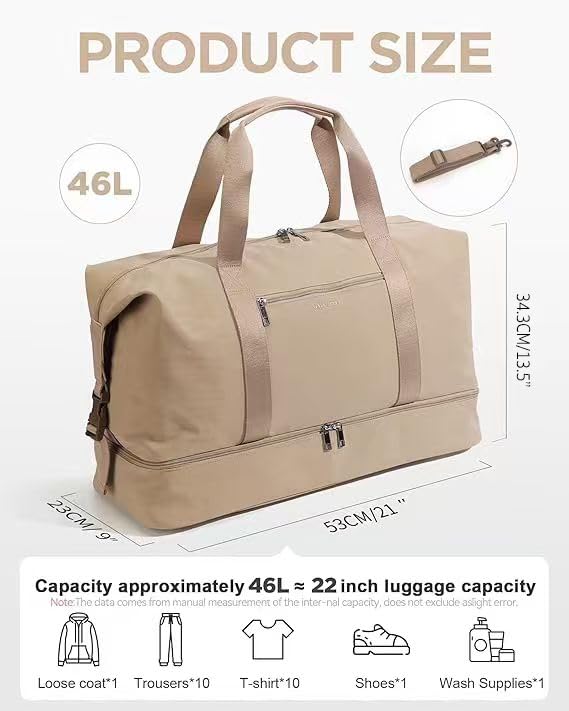 Image of Oeihuivt Weekender Bags for Women - 21 Inch Large Travel Duffel Bag with Shoe Compartment, Heavy-Duty Canvas Leather Carry On Overnight Tote, Khaik-1A, 21, Weekend Trip