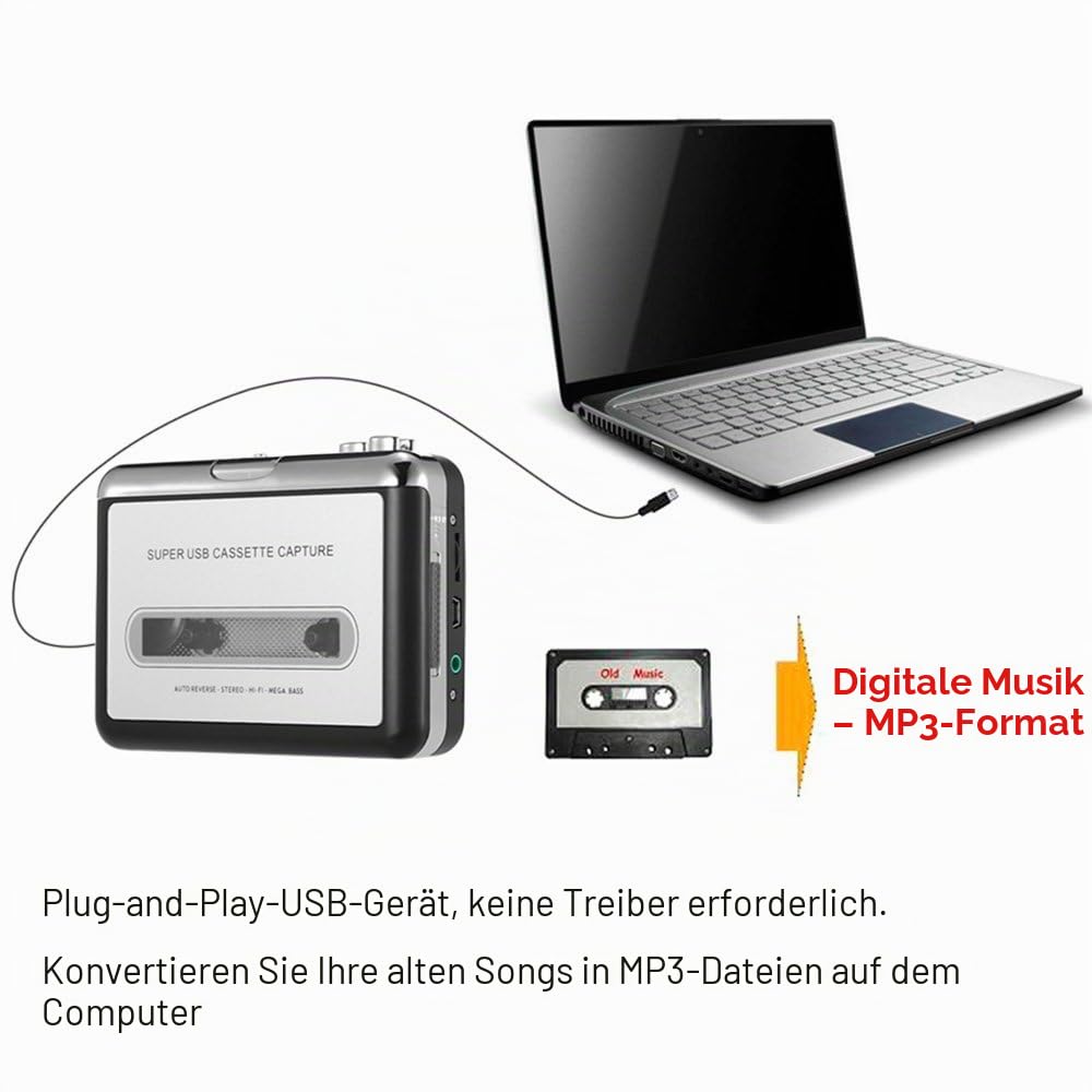 Docooler USB-Konverter auf MP3 und Kassettenspieler, konvertiert Audiokassetten in digitale MP3-Kassetten für die Aufnahme in MP3 oder Windows