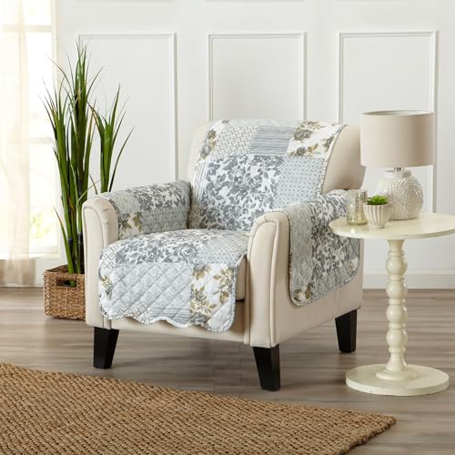 Image of Great Bay Home Reversible Patchwork Chair Cover - Washable Slipcover Furniture Protector with Elastic Straps - Perfect for Kids & Pets - Box-Stitched Detail (Grey)