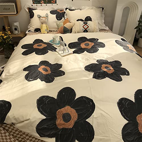 Image of KAREVER Black Floral Comforter Set Black Botanical Bedding King Women Chic Blankets Lightweight Black Sunflower Reversible Bed Comforter Set King Size