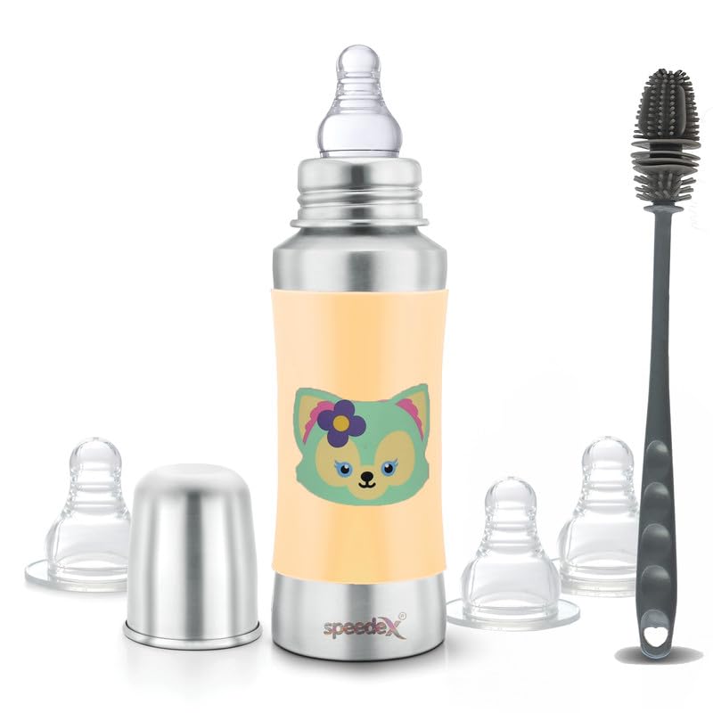 Speedex Stainless Steel Baby Feeding Bottle with Internal ML Marking, Foxy Printed Silicon Grip (240 ml, Yellow Color, Silver Metal Mirror Finish) (3 Extra Nipple & Brush)