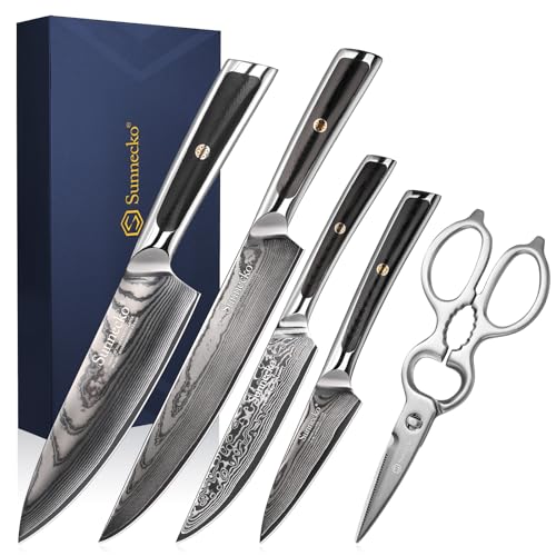 Sunnecko Damastmesser Set 5-teilig - Küchenmesser Set Messer Set - Damast Messer Scheren Kochmesser Profi Messerset Damaszener Stahl Küchenmesser,Geschenk für Köche