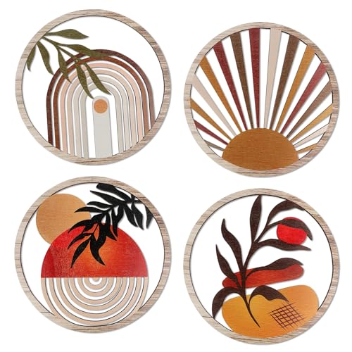 YiYa 4 Stück Holz Boho Wand Deko 3D Runde Bauernhof Wanddekoration...