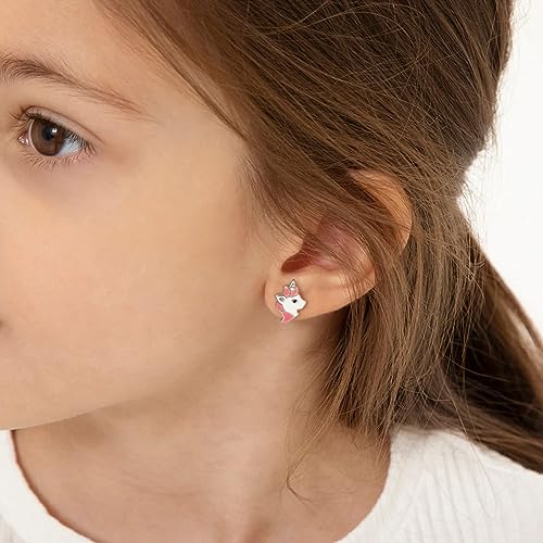 925 Sterling Silver Majestic Pink and White Enamel Unicorn Safety Screw Back Earrings for Little Girls & Preteens - Vibrant Pink Unicorn For Girls Dress Up Games - Casual Enamel Girl Earrings3