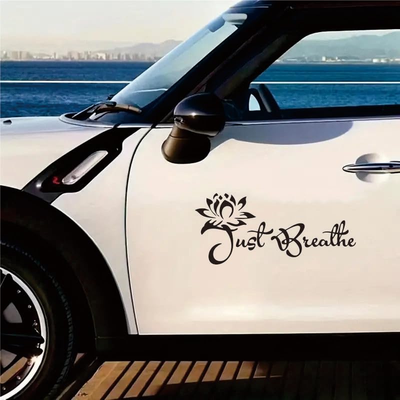 Image of Just Breathe Car Window Decal - Inspirational Lotus Flower Sticker for Vehicle Rear Window - Mindful Driving Accessory Positive Attitude Adhesive Vinyl Decal 8.66 * 3.94inch -XY94 (Black)