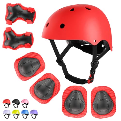 WayEee Kids Bike Helmet Set Skateboard Knee Pads 7PCS Protective Gear Adjustable for Girls Boys 3-10 Age Elbow Pads Wrist Guards for Outdoor Sports Cycling Bike Roller Skating Scooter Youth Red