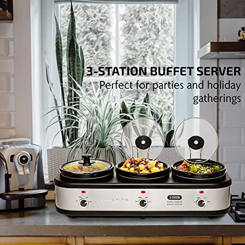 Image of OVENTE Electric Triple Slow Cooker, 4.5Qt Buffet Server, Silver SLO315CBR | 300W Portable Three 1.5Qt Pots, Adjustable Heat Settings, Easy to Monitor & Clean, Perfect for Entertaining