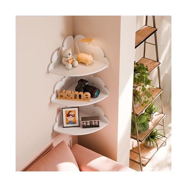 Cloud floating corner shelves set of 3 cloud corner wall shelves for kids room white corner shelf nursery wall deor small cute cloud dispaly shelf wall mounted for toys plants storage  urban country home decor