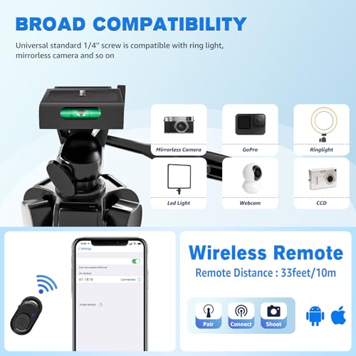 Phone Tripod, Lusweimi 44-inch iPhone Tripod with Phone Holder Mount/Wireless Remote for Ringlight/Camera/Webcam/GoPro, Tabletop Lightweight Stand for iOS/Android/Smartphone - Image 6