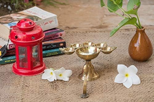 phareLamp Presents Brass Panch Aarti Diya Oil Lamp Handheld Pancharti Jyoti Deepak Stand As Puja Accessaries (21.5X15X9 cm, Golden) #A207