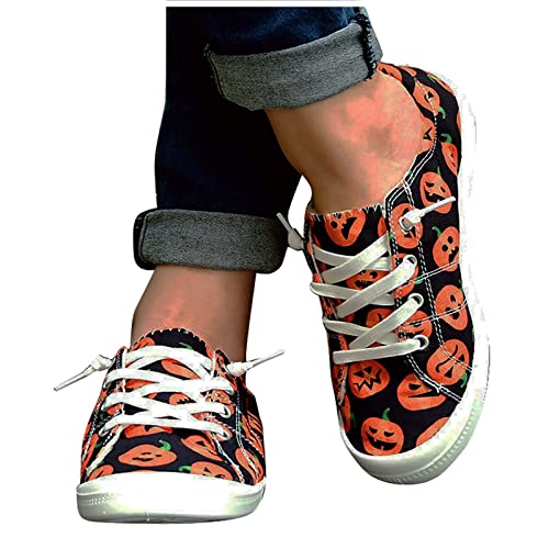 Women's Canvas Shoes,Halloween Pumpkin Ghost Print Flat Sports Shoes for Women Breathable Women's Shoes 5