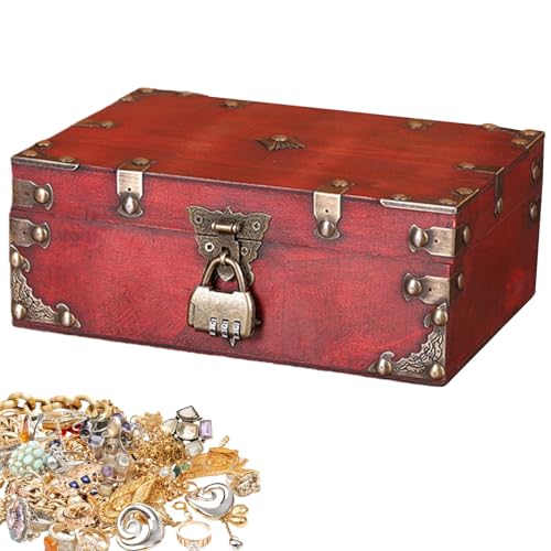 AXVRAV Vintage Holz Schatztruh, 24 X 17 X 9.5cm Aufbewahrung Schatzkiste mit Schloss, Schatztruhe Kindergeburtstag für Aufbewahrung Kindergeburtstag Dekoration Geschenke (Rouge vintage)