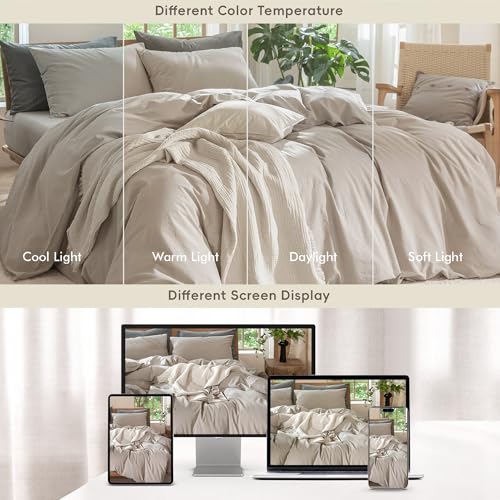 Image of MooMee Duvet Cover Set 100% Washed Cotton Linen Like Twin | Relaxed Linen-like Texture. Soft, Breathable & Long-lasting Comfort. Lightweight. Hidden Zipper with 8 Interior Corner Ties